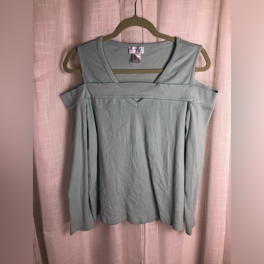 Women's Cold Shoulder Top - Light Blue/Teal - Picture 4 of 9